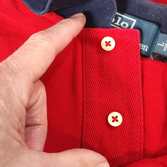 Vtg #3 Plaid Patch Large Pony Mens Red Custom Fit Blue Trimmed Polo - Picture 8 of 9